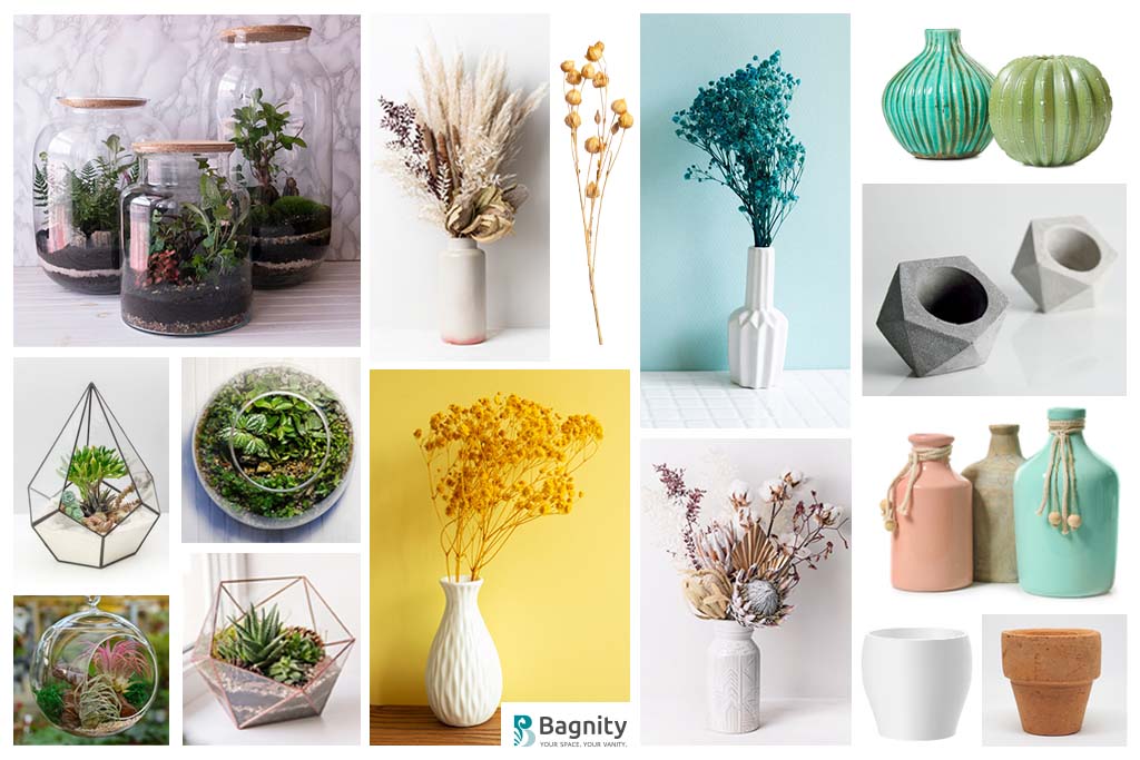 Moodboard terrarium erbe e fiori secchi in vasi